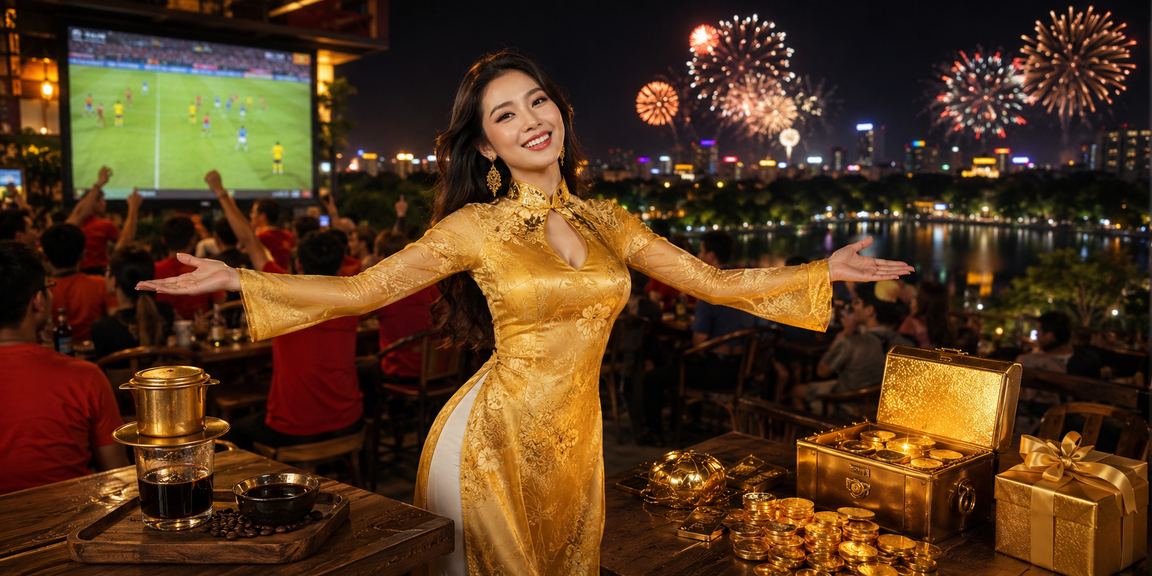 Phụ nữ Hà Nội mặc áo dài ngồi tại quán cà phê, dùng điện thoại xem kèo cá cược và trò chơi trực tuyến