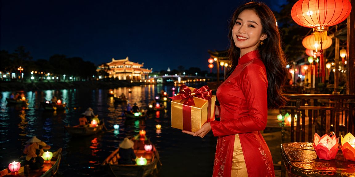 Người phụ nữ mặc áo dài truyền thống tại Hội An, tay cầm điện thoại xem thông tin bonus VIP casino